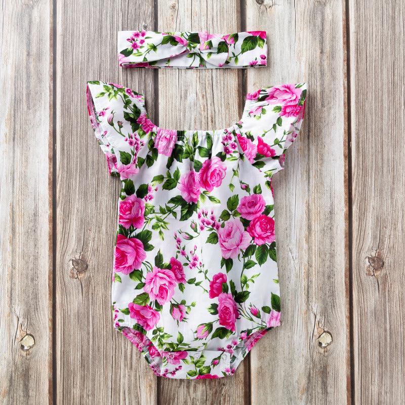 Baby Girls Flower Plant Print Rompers Accessories Headwear