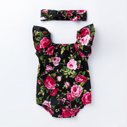 Baby Girls Flower Plant Print Rompers Accessories Headwear