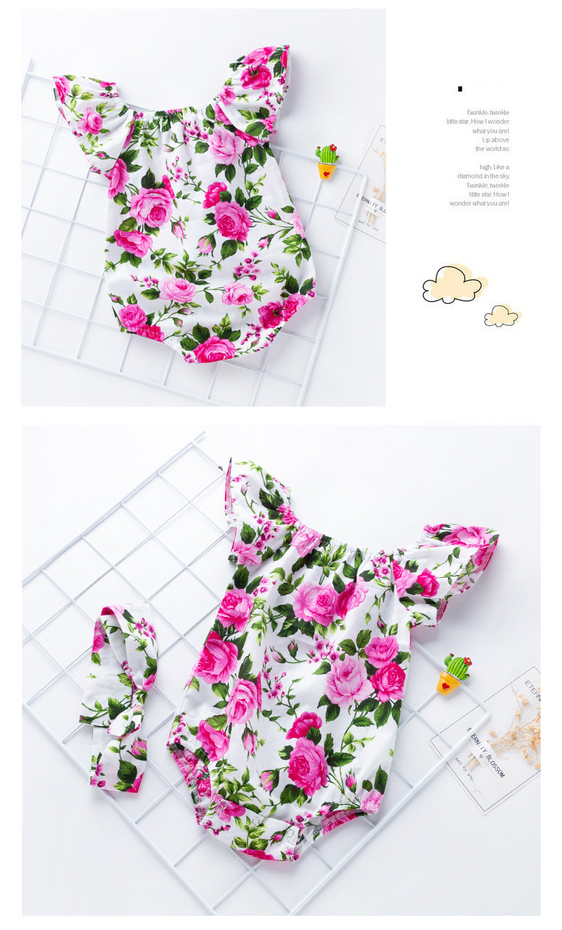Baby Girls Flower Plant Print Rompers Accessories Headwear