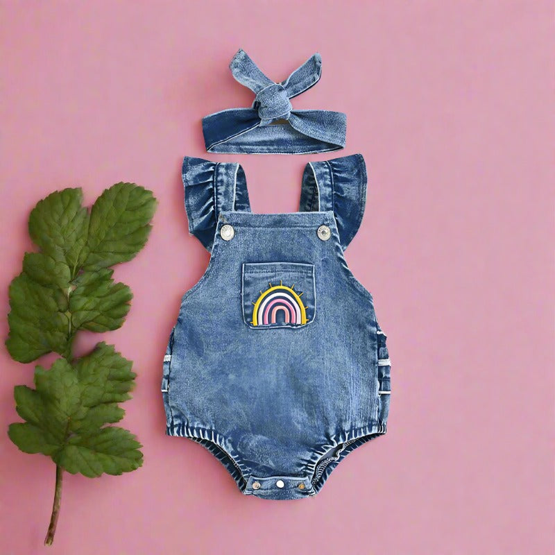 Baby Girls Rainbow Embroidered Rompers And Headwear