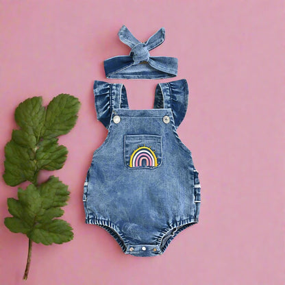 Baby Girls Rainbow Embroidered Rompers And Headwear