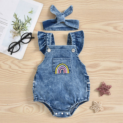 Baby Girls Rainbow Embroidered Rompers And Headwear