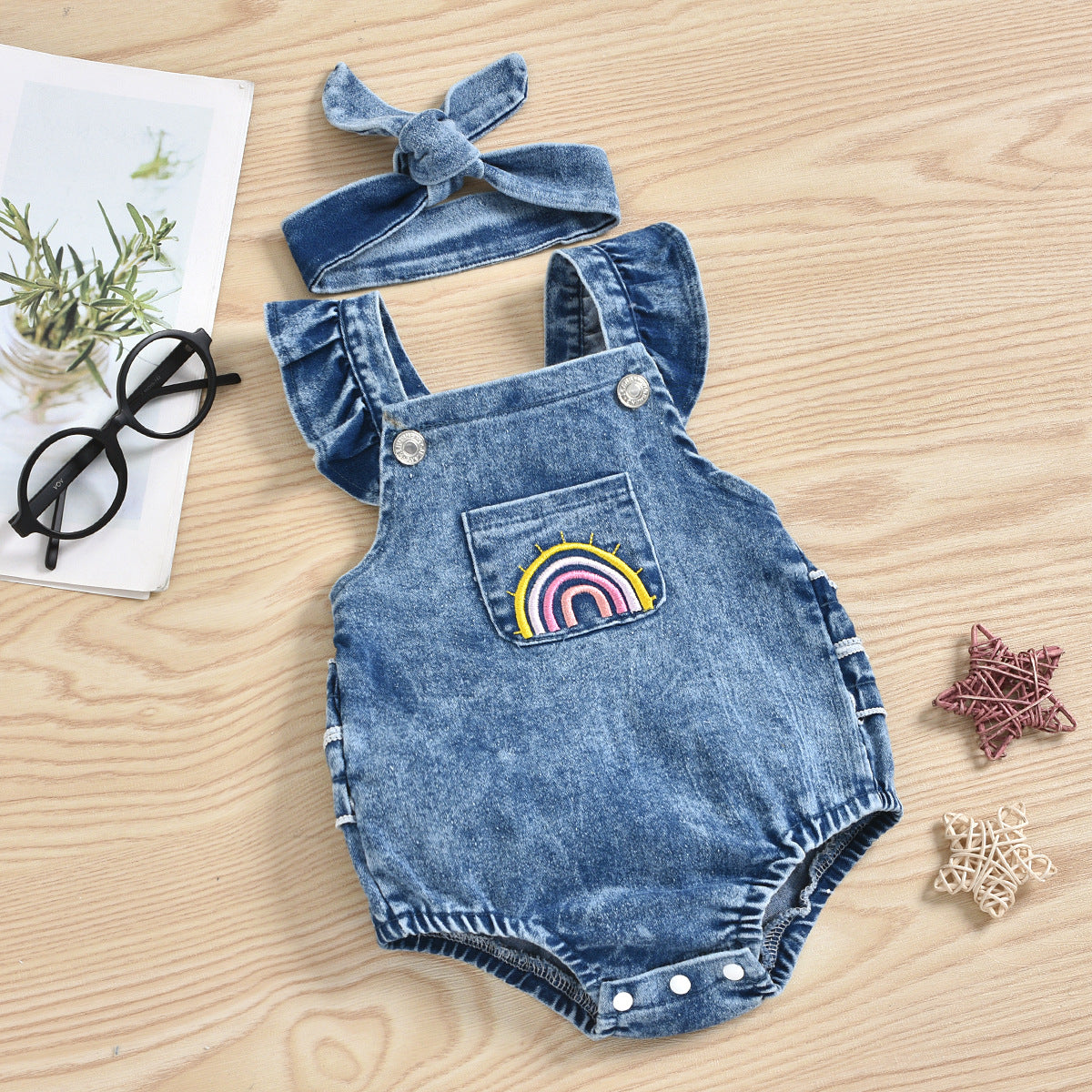Baby Girls Rainbow Embroidered Rompers And Headwear
