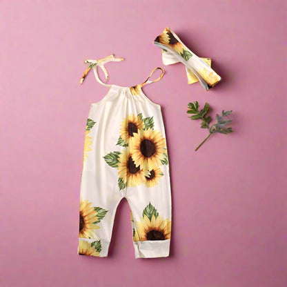 Baby Girls Flower Print Jumpsuits And Bow Headwear