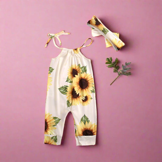 Baby Girls Flower Print Jumpsuits And Bow Headwear