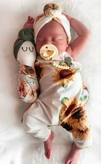 Baby Girls Flower Print Jumpsuits And Bow Headwear
