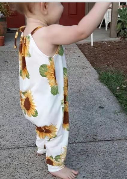 Baby Girls Flower Print Jumpsuits And Bow Headwear