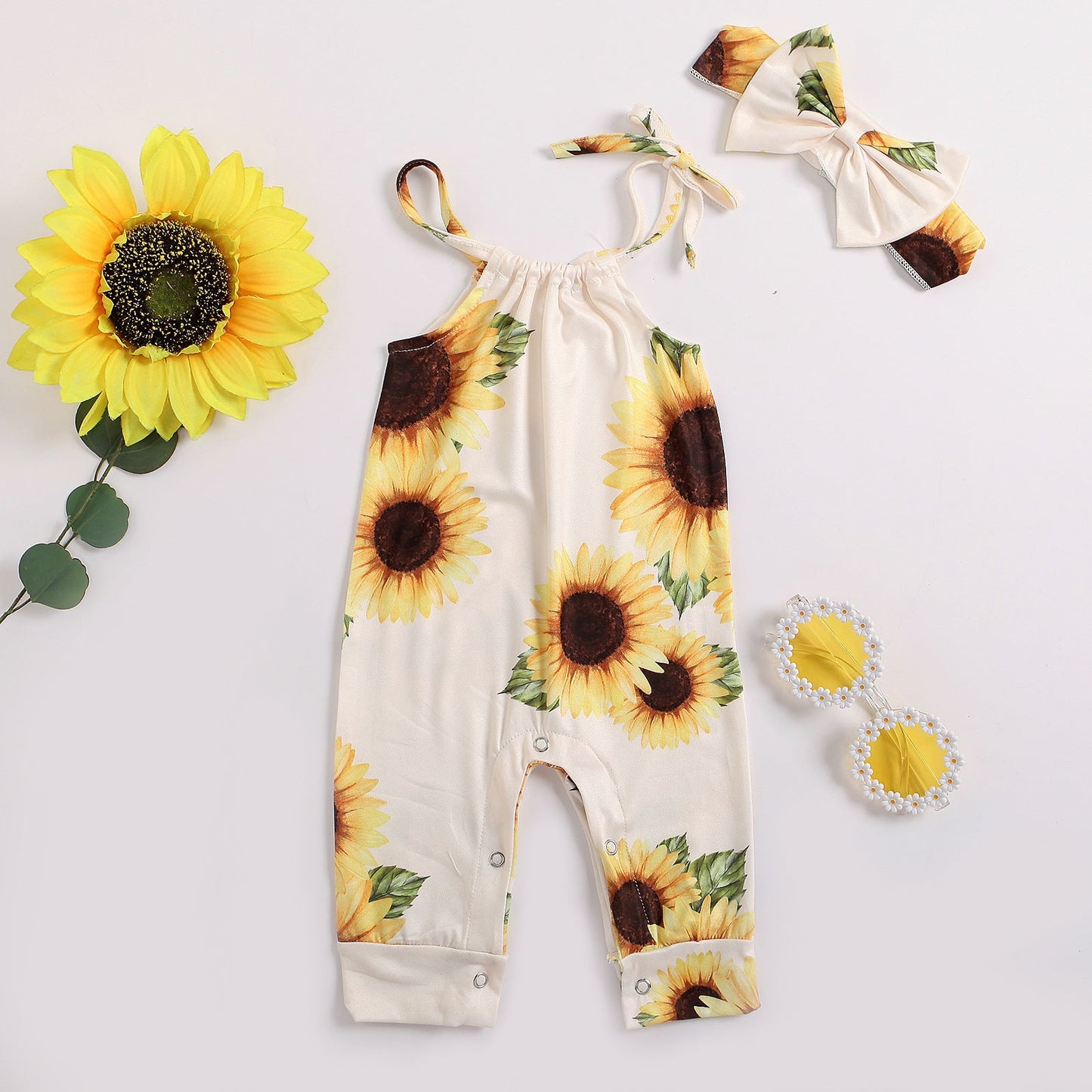 Baby Girls Flower Print Jumpsuits And Bow Headwear