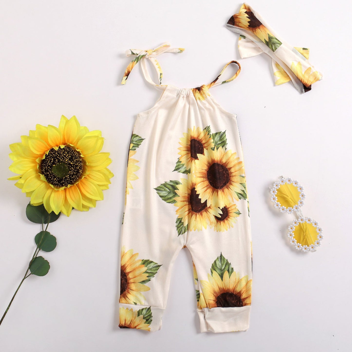 Baby Girls Flower Print Jumpsuits And Bow Headwear