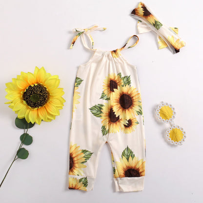 Baby Girls Flower Print Jumpsuits And Bow Headwear