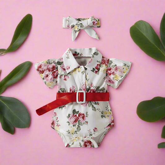 Baby Girls Flower Bow Print Rompers Accessories Headwear