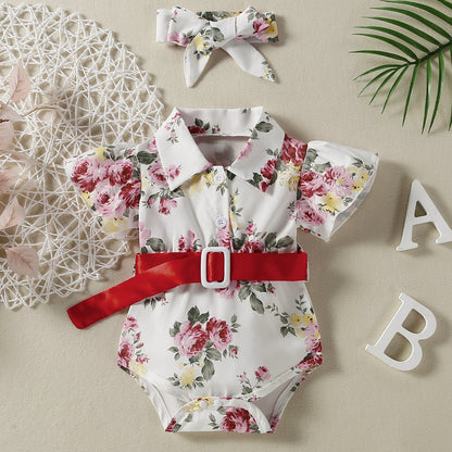 Baby Girls Flower Bow Print Rompers Accessories Headwear