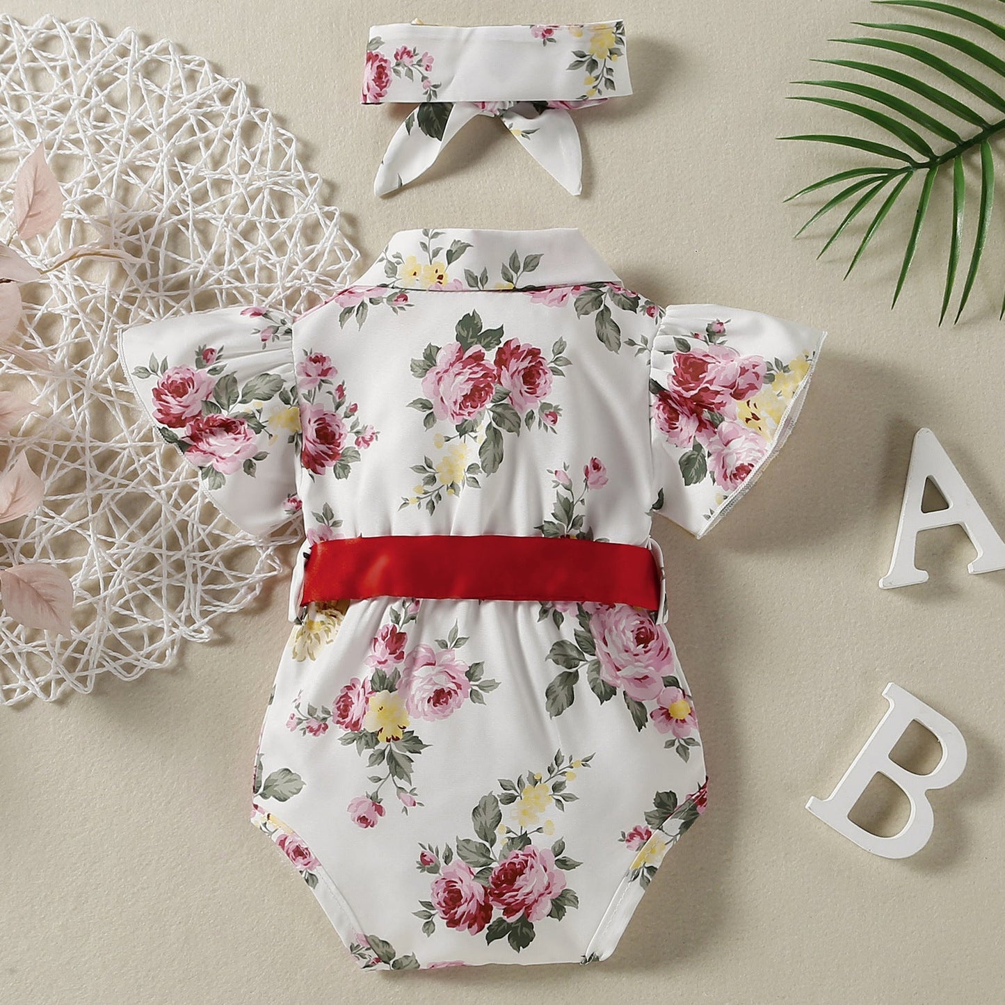 Baby Girls Flower Bow Print Rompers Accessories Headwear