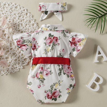Baby Girls Flower Bow Print Rompers Accessories Headwear