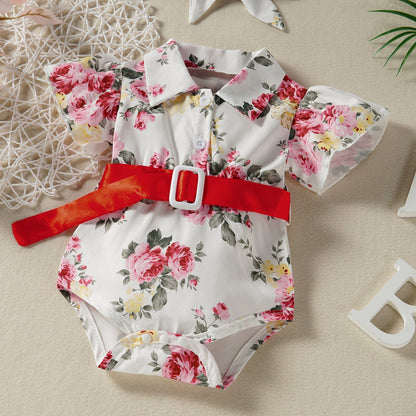 Baby Girls Flower Bow Print Rompers Accessories Headwear