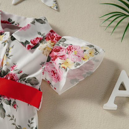 Baby Girls Flower Bow Print Rompers Accessories Headwear