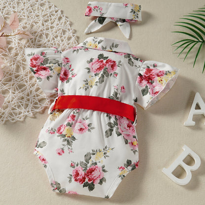 Baby Girls Flower Bow Print Rompers Accessories Headwear