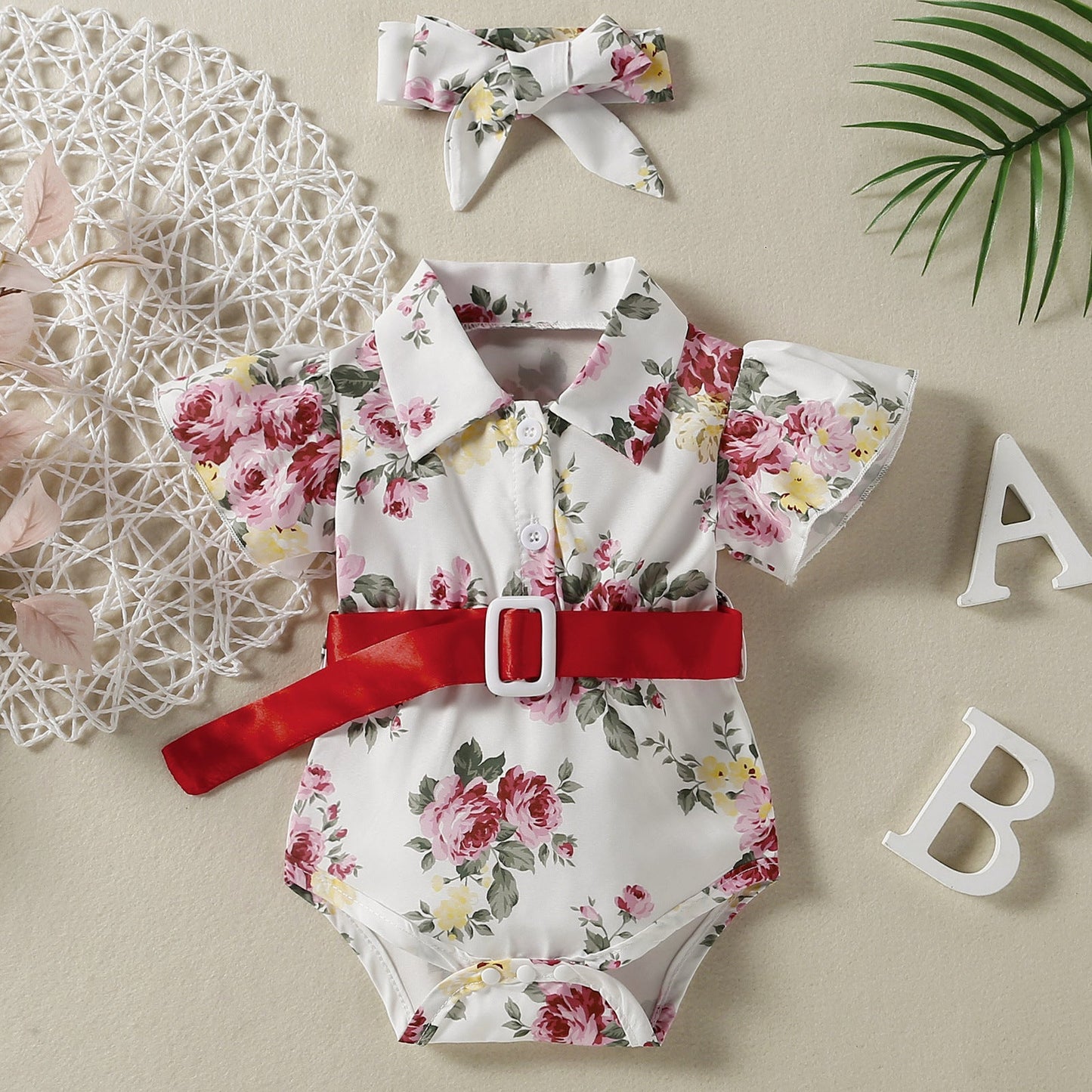 Baby Girls Flower Bow Print Rompers Accessories Headwear