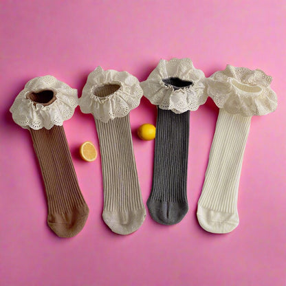 Girls Solid Color Muslin&Ribbed Accessories Socks