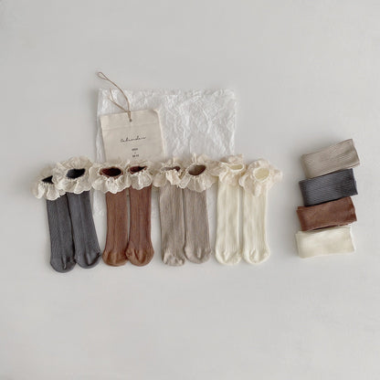 Girls Solid Color Muslin&Ribbed Accessories Socks
