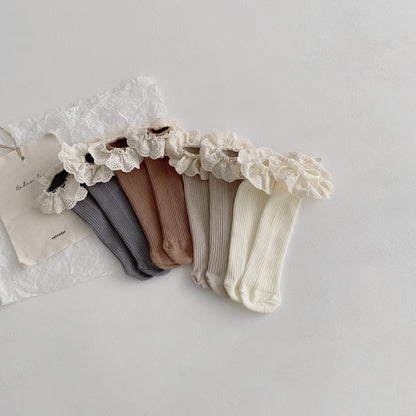 Girls Solid Color Muslin&Ribbed Accessories Socks