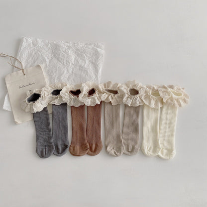Girls Solid Color Muslin&Ribbed Accessories Socks