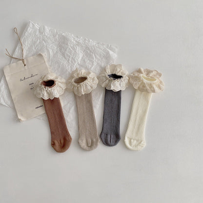 Girls Solid Color Muslin&Ribbed Accessories Socks