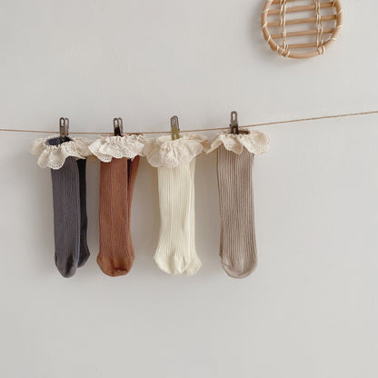 Girls Solid Color Muslin&Ribbed Accessories Socks