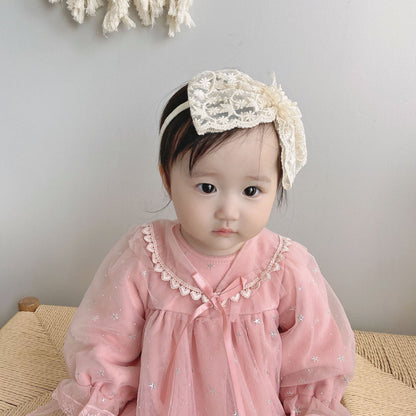 Kid Girls Solid Color Flower Bow Lace Headwear