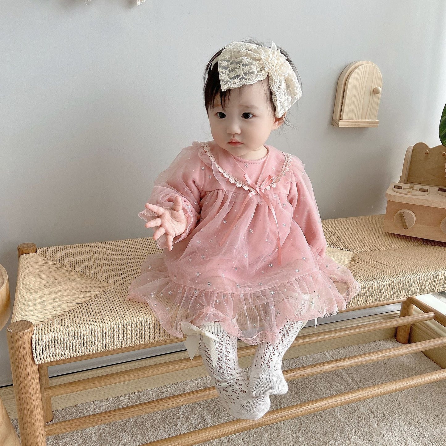 Kid Girls Solid Color Flower Bow Lace Headwear