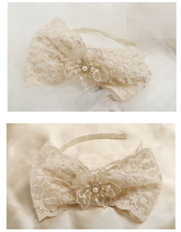 Kid Girls Solid Color Flower Bow Lace Headwear