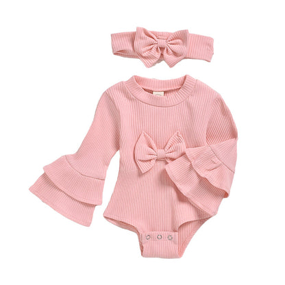Baby Girls Solid Color Bow Muslin&Ribbed Rompers Accessories Headwear Wholesale 22062214
