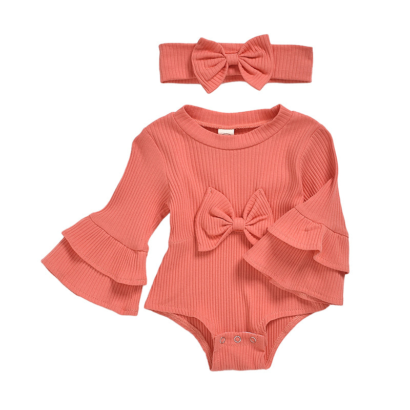 Baby Girls Solid Color Bow Muslin&Ribbed Rompers Accessories Headwear Wholesale 22062214