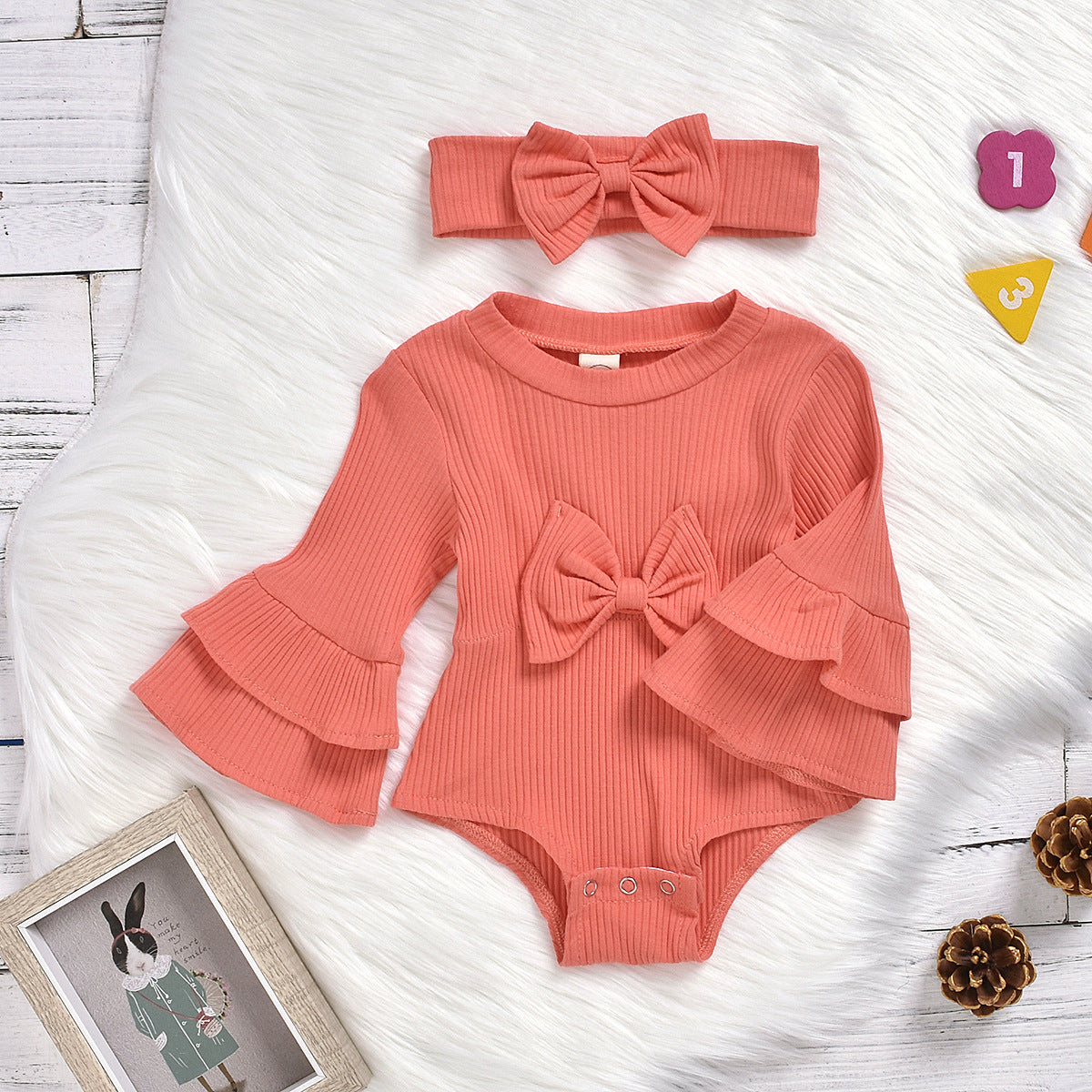 Baby Girls Solid Color Bow Muslin&Ribbed Rompers Accessories Headwear Wholesale 22062214