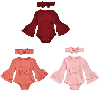 Baby Girls Solid Color Bow Muslin&Ribbed Rompers Accessories Headwear Wholesale 22062214