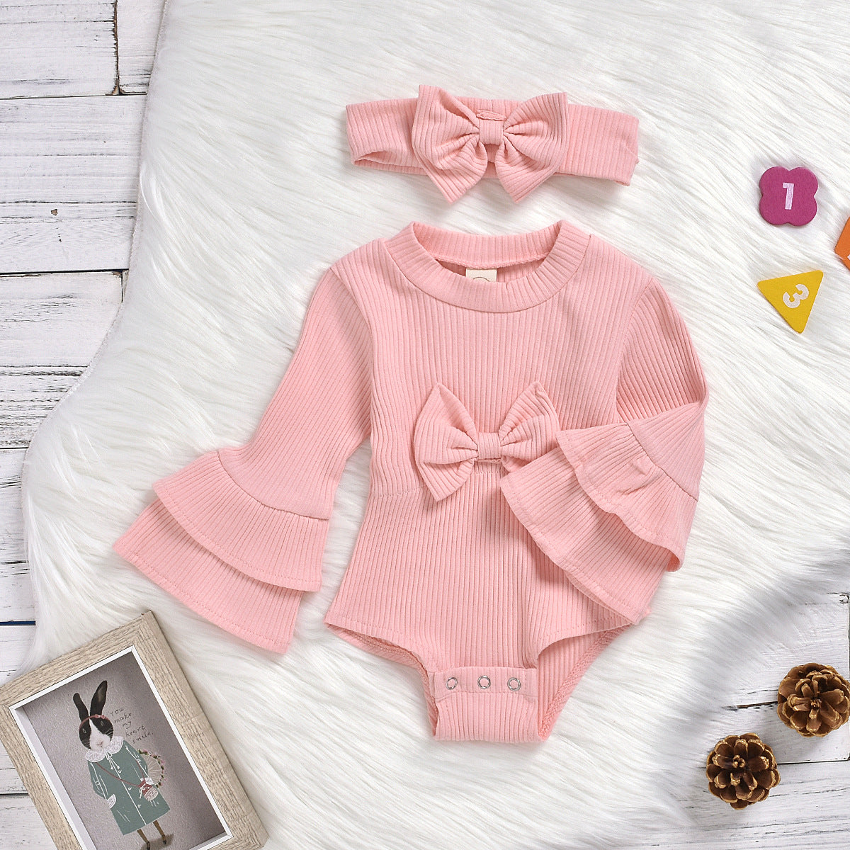 Baby Girls Solid Color Bow Muslin&Ribbed Rompers Accessories Headwear Wholesale 22062214
