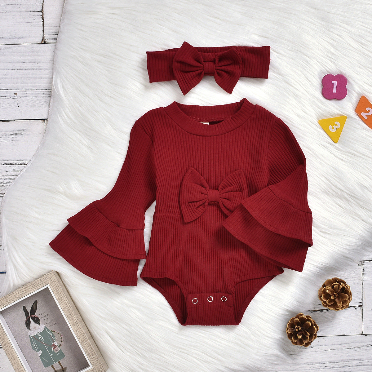 Baby Girls Solid Color Bow Muslin&Ribbed Rompers Accessories Headwear Wholesale 22062214