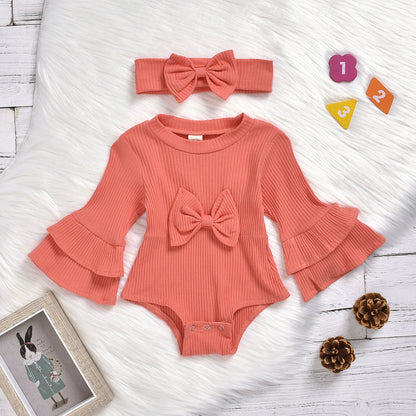 Baby Girls Solid Color Bow Muslin&Ribbed Rompers Accessories Headwear Wholesale 22062214