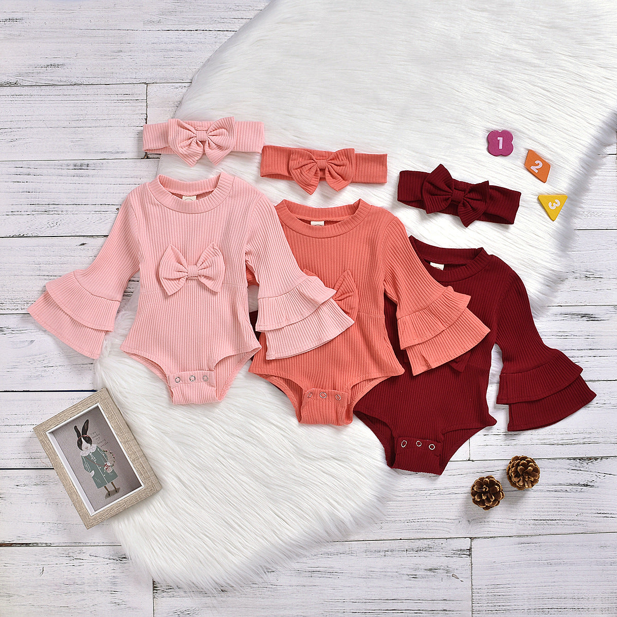 Baby Girls Solid Color Bow Muslin&Ribbed Rompers Accessories Headwear Wholesale 22062214