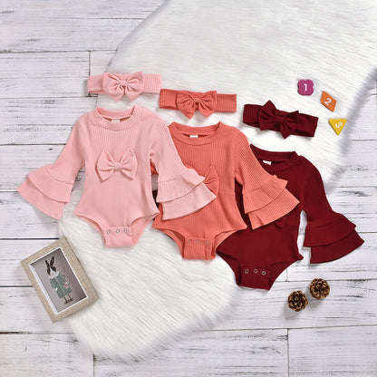Baby Girls Solid Color Bow Muslin&Ribbed Rompers Accessories Headwear Wholesale 22062214