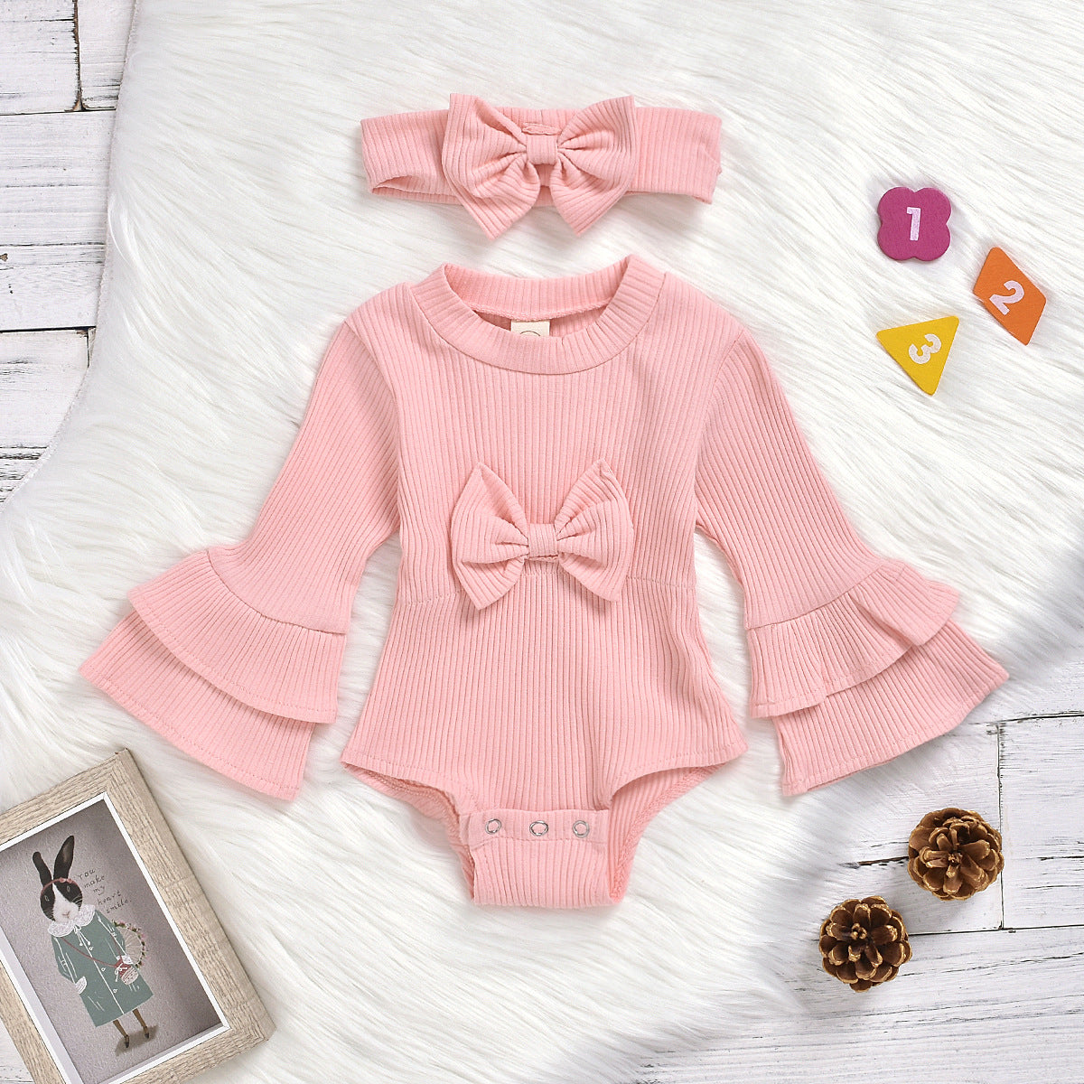 Baby Girls Solid Color Bow Muslin&Ribbed Rompers Accessories Headwear Wholesale 22062214