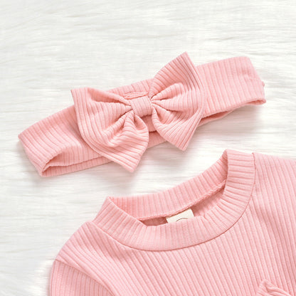 Baby Girls Solid Color Bow Muslin&Ribbed Rompers Accessories Headwear Wholesale 22062214