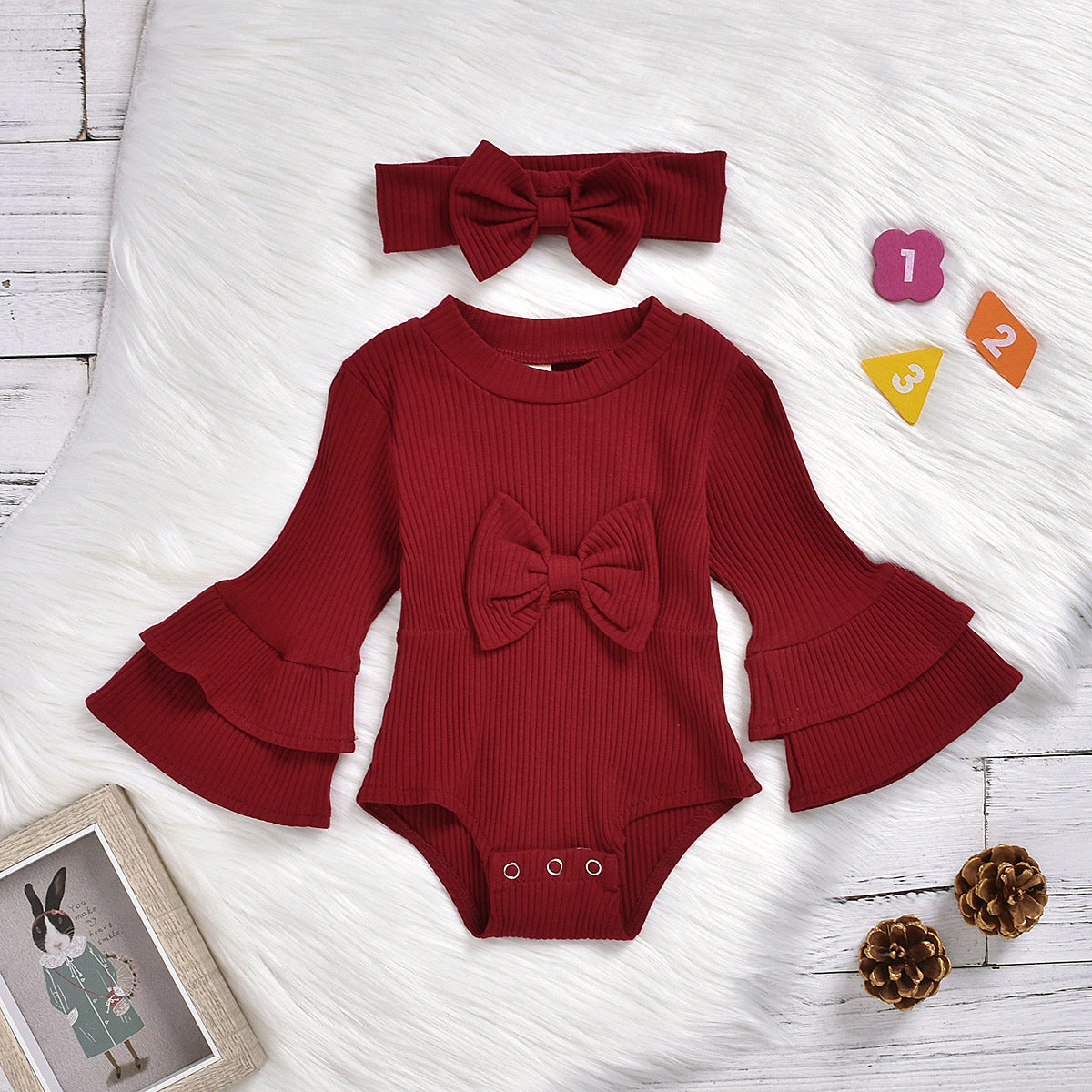Baby Girls Solid Color Bow Muslin&Ribbed Rompers Accessories Headwear Wholesale 22062214