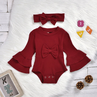 Baby Girls Solid Color Bow Muslin&Ribbed Rompers Accessories Headwear Wholesale 22062214