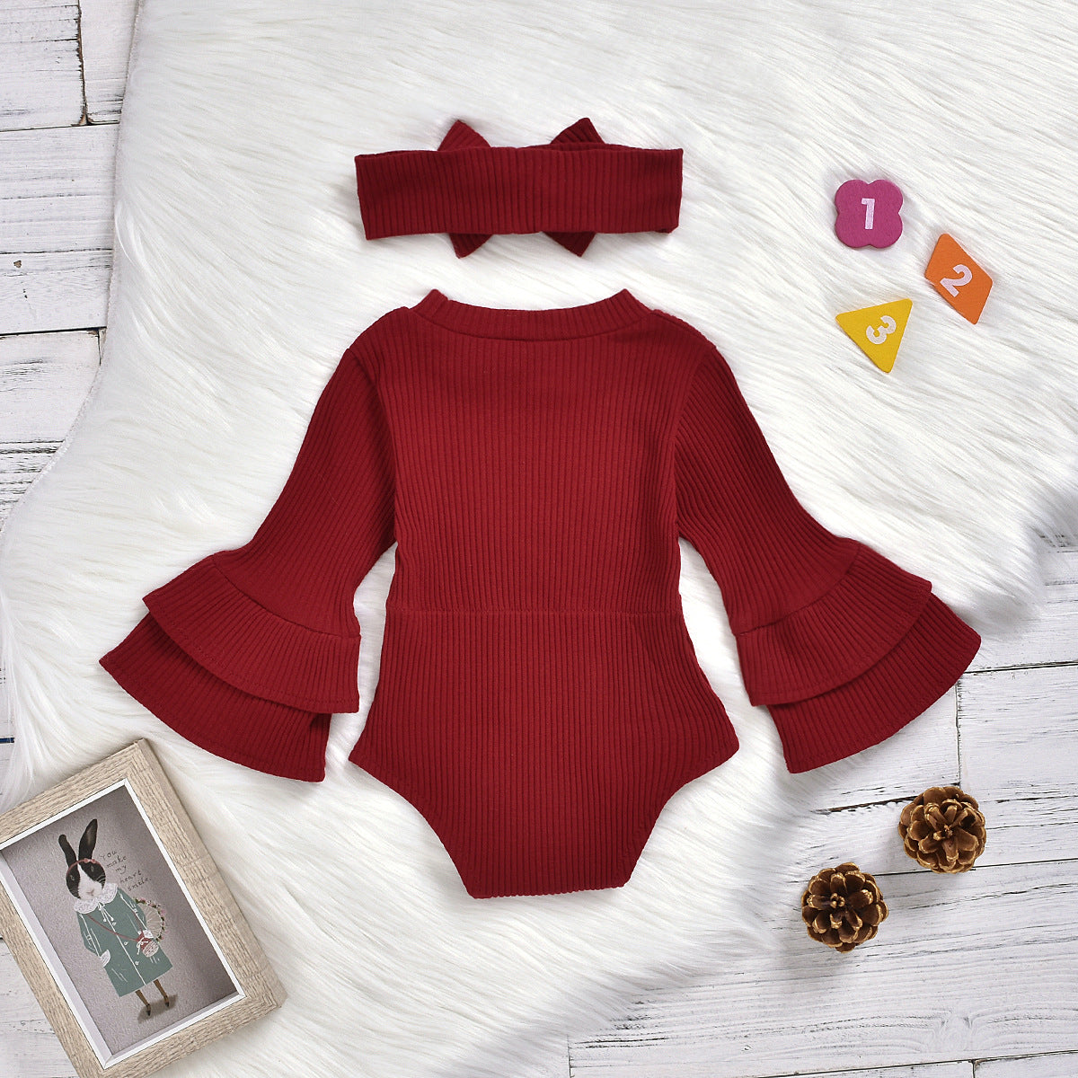 Baby Girls Solid Color Bow Muslin&Ribbed Rompers Accessories Headwear Wholesale 22062214