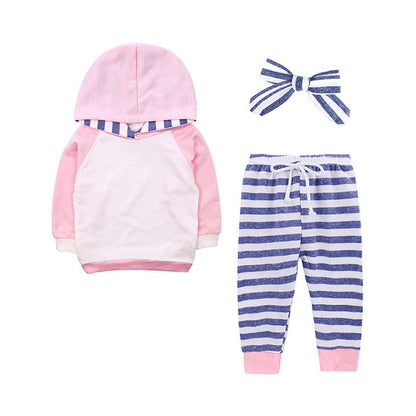 3 Pieces Set Baby Unisex Color-blocking Hoodies Swearshirts Striped Pants And Bow Headwear Wholesale 22063015