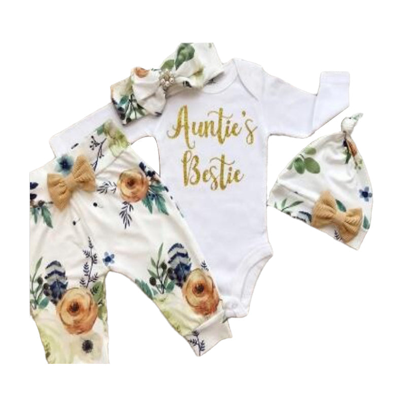 4 Pieces Set Baby Girls Pants Bow Headwear And Hats