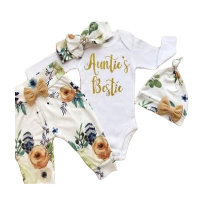 4 Pieces Set Baby Girls Pants Bow Headwear And Hats