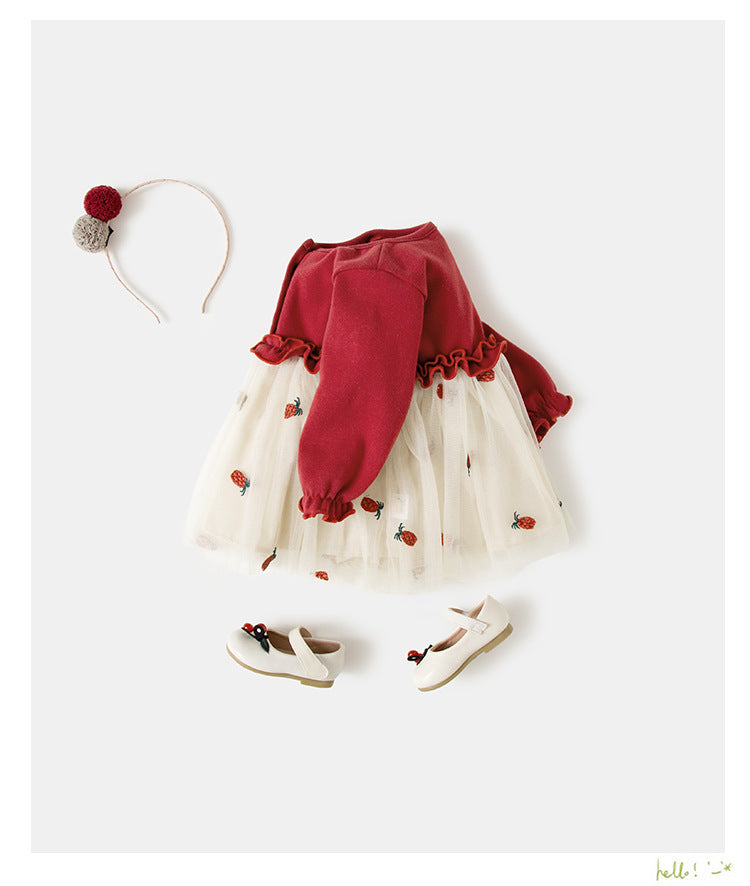 Baby Kid Girls Color-blocking Fruit Dresses And Solid Color Bow Accessories Socks Wholesale 22081106