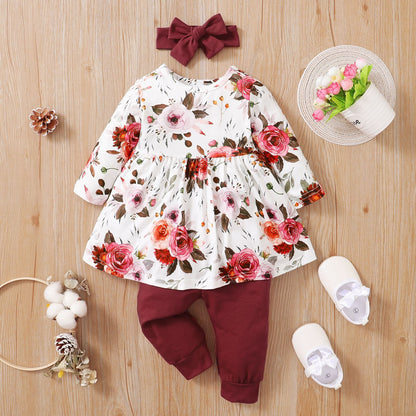 3 Pieces Set Baby Kid Girls Flower Print Dresses And Pants And Bow Headwear Wholesale 220831187